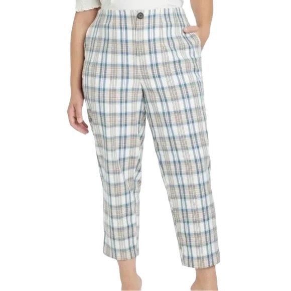 NWT Ava & Viv High Rise Cropped Taper Ankle Pants Cream Plaid 18 - Picture 1 of 6